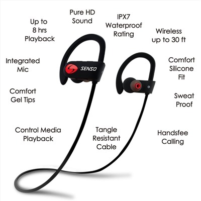 SENSO Bluetooth Headphones, Best Wireless Sports Earphones w/ Mic IPX7 Waterproof HD Stereo Sweatproof Earbuds for Gym Running Workout 8 Hour Battery Noise Cancelling Headsets