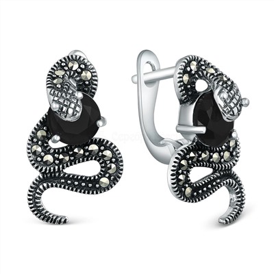 Кольцо змея из чернёного серебра с плавленым кварцем цвета чёрный и марказитами