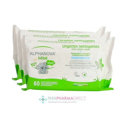 Alphanova Bébé Lingettes Nettoyantes Peaux Normales & Sensibles 3x60 LingettesLot  × 3