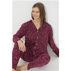 Siyah İnci Bordo Milk Desenli Pamuklu Düğmeli Pijama Takımı 7611