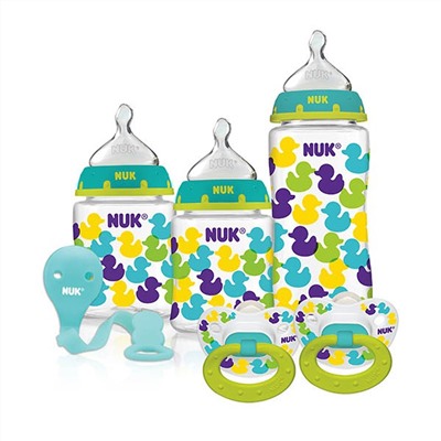 NUK, Набор бутылочек с комфортными для ребенка сосками Perfect Fit и пустышкой в подарок, узор в виде уточек, с 0 месяцев, 1 набор