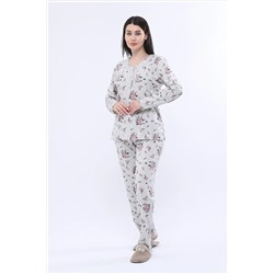 ANGELİNA Kadın Gri Kışlık Pamuk Ribanakalın Uzunkollu Dantel Yakalı Pijama Takımı 462-1 46246221