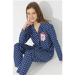 Siyah İnci Lacivert Puanlı Örme Düğmeli Pijama Takımı 7605