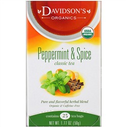 Davidson's Tea, Органический чай из перечной мяты и пряностей, клссический чай, 25 чайных пакетика, 1,77 унций (50 г)