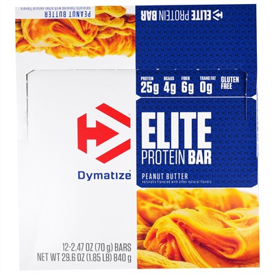 Dymatize Nutrition, Elite, Белковый Батончик, Арахисовое Масло, 12 штук, по 2,47 унции (70 г) каждая
