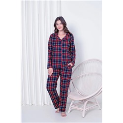 AHENGİM Kadın Pijama Takımı Interlok Ekoseli Boydan Düğmeli Pamuklu Mevsimlik W20392248 1-2-10001190