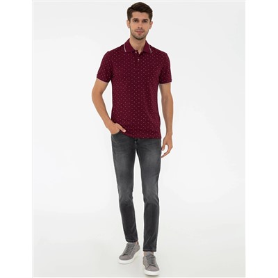 Bordo Slim Fit Baskılı Polo Yaka Tişört