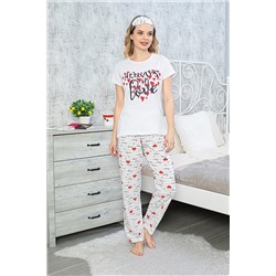 Moda Panda Pamuklu Kumaş,rahat Ve Esnek Uyku Bandı Hediyeli Pijama Takımı 3063-3040KALP