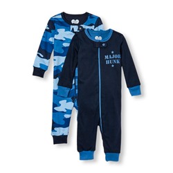 Baby And Toddler Boys Long Sleeve Camo Print And 'Major Hunk' Stretchie 2-Pack