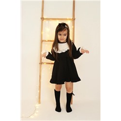 Parla Kids Kız Çocuk Ruby Siyah Uzun Kollu Dantel Detaylı Fırfırlı Elbise Bandana Takım ELB-0085