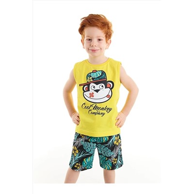 Denokids Cool Monkey Erkek Çocuk Kolsuz Sarı T-shirt Tropik Şort Takım CFF-22Y1-081