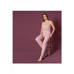 Sude HOMEWEAR Sude Kadın Ip Askılı Fırfırlı Uzun Alt Desenli Pembe Pijama Takımı K-3054