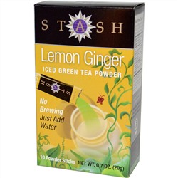 Stash Tea, Зеленый чай в порошке для приготовления чая со льдом, лимон и имбирь, 10 пакетиков с порошком, 0,7 унции (20 г)