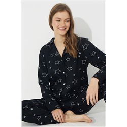Siyah İnci Siyah Beyaz Yıldız Desenli Pamuklu Düğmeli Pijama Takımı 7611