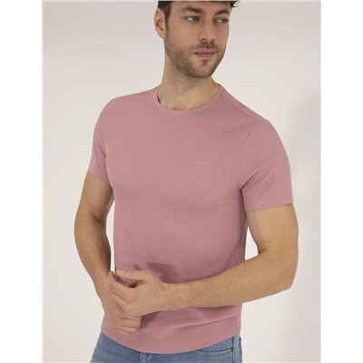 Pembe Slim Fit Dokulu Bisiklet Yaka Tişört