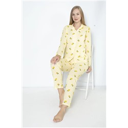 Burki Sarı Kadın Limon Desenli Uzun Kollu Gömlek Takımı BK2308-002