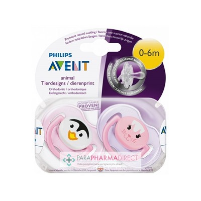 Avent Sucettes Animaux 0-6 mois Pingouin & Chat x2