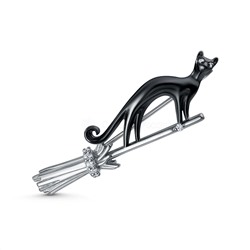 Брошь из серебра с фианитами и тёмным родированием - Чёрная кошка на метле