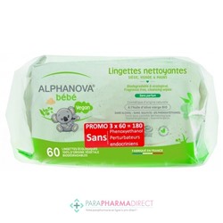 Alphanova Bébé Lingettes Nettoyantes Sans Parfum Lot de 3 x 60 LingettesLot  × 3