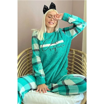 Pijamaevi Yeşil Deep Chic Desenli Kadın Peluş Pijama Takımı 2225
