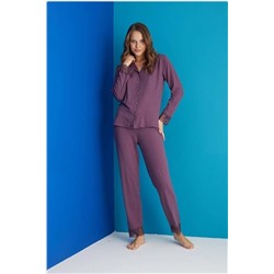 BIES Kadın Dantel Detaylı Gömlek Yaka Önden Düğme Yumoş Uzun Kol Pijama Takımı My