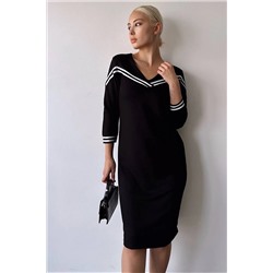 FEMELLE Kadın Siyah V Yaka Şeritli Elbise 5014s