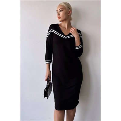 FEMELLE Kadın Siyah V Yaka Şeritli Elbise 5014s