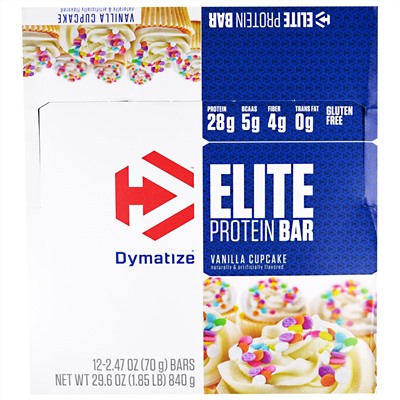 Dymatize Nutrition, Elite, Белковый Батончик, Ванильный кекс, 12 штук, по 2,47 унции (70 г) каждая