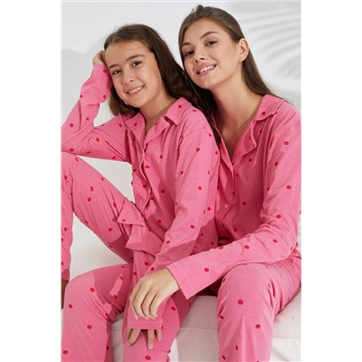 Siyah İnci pembe puan desenli Pamuklu Düğmeli Pijama Takımı 7692