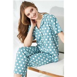 Siyah İnci Yeşil Puan Desenli Düğmeli Örme Pamuklu Pijama Takımı 7668