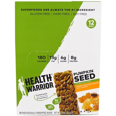 Health Warrior, Inc., Батончик-суперпродукт из тыквенного семени, мед, молотый перец и куркума, 12 батончиков, по 35 г (1,23 унции) каждый