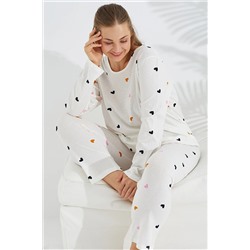 Siyah İnci beyaz renkli kalp desen Curve Büyük Beden Battal boy Pamuklu Pijama Takımı 7683
