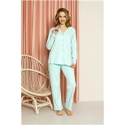 AHENGİM Woman Kadın Pijama Takımı Interlok Puanlı Boydan Düğmeli Pamuklu Mevsimlik W20512278 1-2-10001222