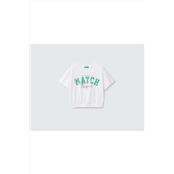 United Colors of BenettonKız Çocuk Beyaz Simli Slogan Baskılı Crop T-shirt
