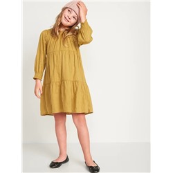 Long-Sleeve Tiered Textured-Dobby Dress for Girls