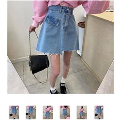 Корейская шикарная летняя ретро универсальная тонкая джинсовая юбка трапециевидной формы с завышенной талией и двумя пуговицами неправильной формы с необработанными краями для женщин