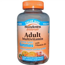 Sundown Naturals, Мультивитамин для взрослых, ароматы апельсина, вишни и винограда, не содержит глютена, 120 единиц