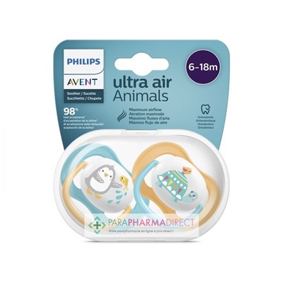 Avent Sucettes Ultra Air Animals 6-18 mois Pingouin & Tortue x2