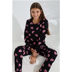 Siyah İnci siyah pembe kalp desenli Pamuklu Pijama Takımı 7681