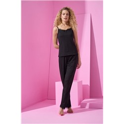Meba Kadın Düz Siyah Dantelli Ip Askılı Örme Pijama Takımı -17 80115