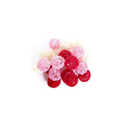 Тайская гирлянда с шариками из ротанга в красно-бело-розовых тонах / Lightening rattan ball pink-red-white 20 шариков