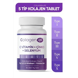 Collagen Life 5 Tip Kolajen Tip 1, Tip 2, Tip 3, Tip 5 ,tip 10, ( Selenyum , C Vitamini Ve Çinko ) 90 Tablet KT1