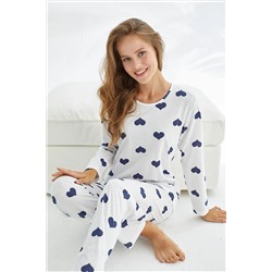 Siyah İnci beyaz kalp desenli Pamuklu Pijama Takımı 7681