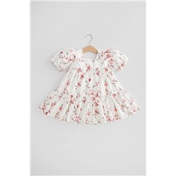 Banamio Kız Bebek Kırmızı Çiçek Desenli Düğme Detaylı Pamuklu Elbise Kırmızı Beyaz CLARA10000