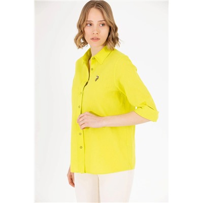 Kadın Neon Sarı Keten Görünümlü Uzun Kollu Basic Gömlek