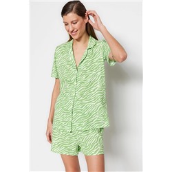 TRENDYOLMİLLA Açık Yeşil %100 Pamuk Zebra Desenli Gömlek-Şort Örme Pijama Takımı THMSS23PT00020