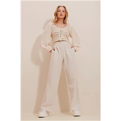 Trend Alaçatı Stili Kadın Açık Bej Beli Lastikli Çift Cepli Palazzo Keten Pantolon ALC-X10017