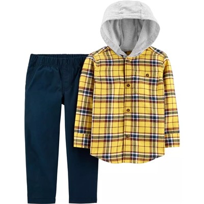 2-Piece Button-Front Flannel Hooded Top & Canvas Pant Set