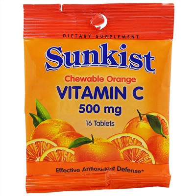 Sunkist, Витамин C, жевательные таблетки с апельсиновым вкусом, 500 мг, 16 таблеток