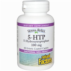 Natural Factors, Снятие стресса, 5-гидрокситриптофан, 100 мг, 60 желудочно-резистентных капсул
